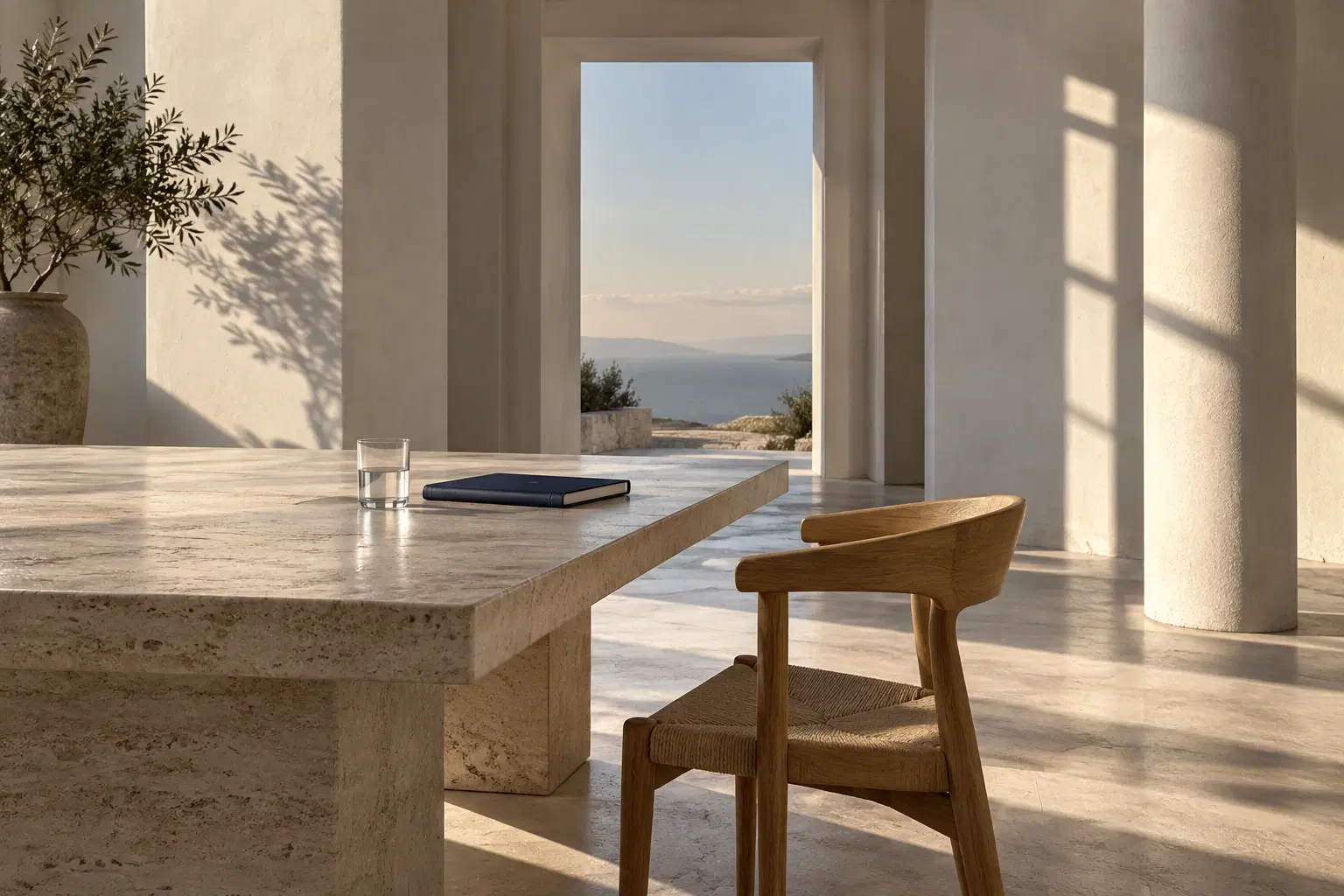 An airy, sunlit workspace opening onto a quiet horizon